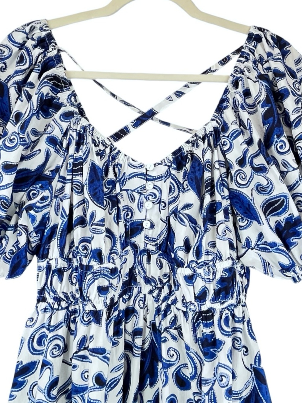 Cleobella Bea Mini Dress Azulejo Blue White Coastal Tiered Sz L TINY FLAW - Picture 6 of 16